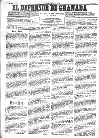 'El Defensor de Granada  : diario político independiente' - Año XII Número 4437 1ª ed. - 1891 Septiembre 17