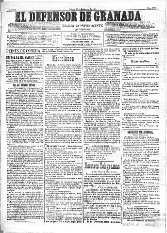 'El Defensor de Granada  : diario político independiente' - Año XII Número 4454 2ª ed. - 1891 Septiembre 26