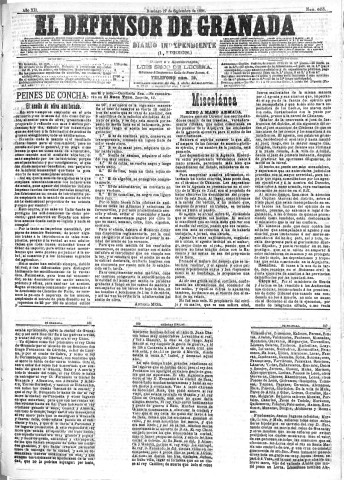 'El Defensor de Granada  : diario político independiente' - Año XII Número 4455 1ª ed. - 1891 Septiembre 27
