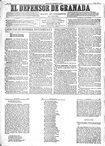 'El Defensor de Granada  : diario político independiente' - Año XII Número 4457 1ª ed. - 1891 Septiembre 29