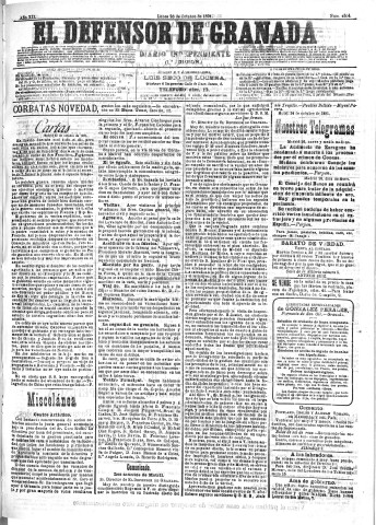 'El Defensor de Granada  : diario político independiente' - Año XII Número 4504 1ª ed. - 1891 Octubre 26