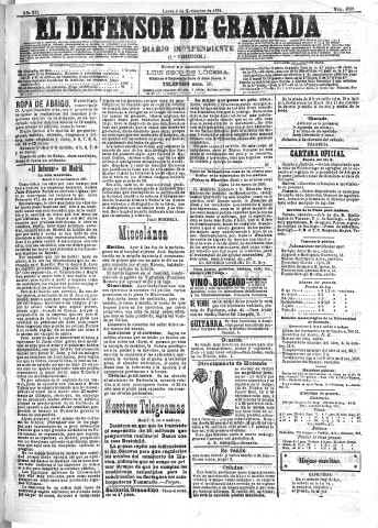'El Defensor de Granada  : diario político independiente' - Año XII Número 4528 1ª ed. - 1891 Noviembre 09