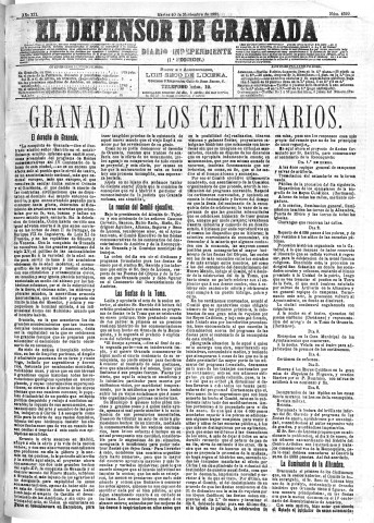 'El Defensor de Granada  : diario político independiente' - Año XII Número 4529 1ª ed. - 1891 Noviembre 10