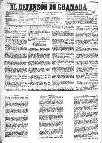 'El Defensor de Granada  : diario político independiente' - Año XII Número 4587 1ª ed. - 1891 Diciembre 13