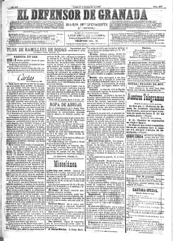 'El Defensor de Granada  : diario político independiente' - Año XII Número 4588 1ª ed. - 1891 Diciembre 14