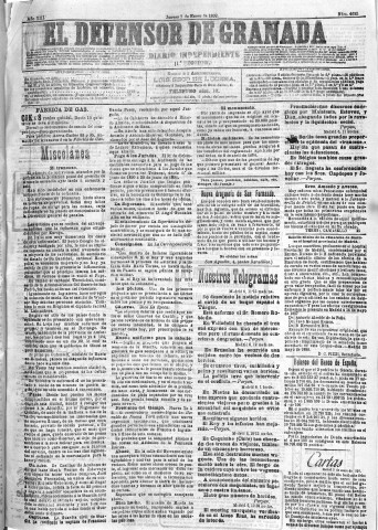 'El Defensor de Granada  : diario político independiente' - Año XIII Número 4625 1ª ed. - 1892 Enero 07