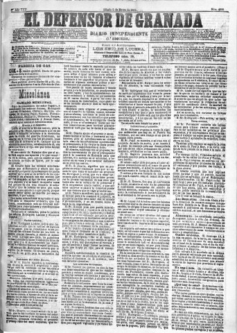 'El Defensor de Granada  : diario político independiente' - Año XIII Número 4629 1ª ed. - 1892 Enero 09