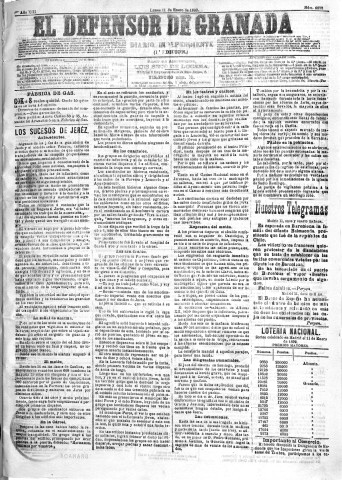 'El Defensor de Granada  : diario político independiente' - Año XIII Número 4632 1ª ed. - 1892 Enero 11