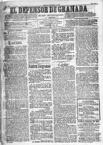 'El Defensor de Granada  : diario político independiente' - Año XIII Número 4670 1ª ed. - 1892 Febrero 03
