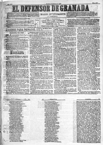 'El Defensor de Granada  : diario político independiente' - Año XIII Número 4672 1ª ed. - 1892 Febrero 04