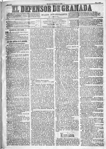 'El Defensor de Granada  : diario político independiente' - Año XIII Número 4680 1ª ed. - 1892 Febrero 09