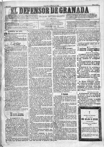 'El Defensor de Granada  : diario político independiente' - Año XIII Número 4715 1ª ed. - 1892 Febrero 29