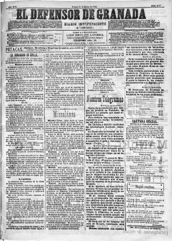 'El Defensor de Granada  : diario político independiente' - Año XIII Número 4736 2ª ed. - 1892 Marzo 12