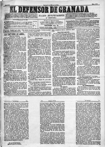 'El Defensor de Granada  : diario político independiente' - Año XIII Número 4755 1ª ed. - 1892 Marzo 24