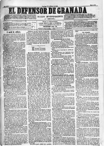 'El Defensor de Granada  : diario político independiente' - Año XIII Número 4760 1ª ed. - 1892 Marzo 27