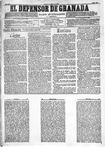 'El Defensor de Granada  : diario político independiente' - Año XIII Número 4766 1ª ed. - 1892 Marzo 31