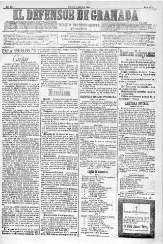 'El Defensor de Granada  : diario político independiente' - Año XIII Número 4779 2ª ed. - 1892 Abril 07