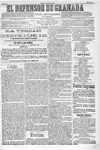 'El Defensor de Granada  : diario político independiente' - Año XIII Número 4781 2ª ed. - 1892 Abril 08
