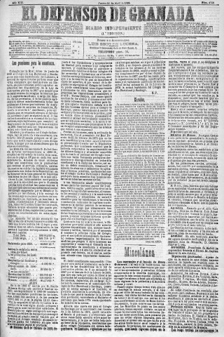 'El Defensor de Granada  : diario político independiente' - Año XIII Número 4799 1ª ed. - 1892 Abril 21