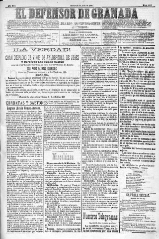 'El Defensor de Granada  : diario político independiente' - Año XIII Número 4808 2ª ed. - 1892 Abril 26