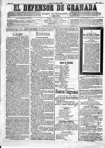 'El Defensor de Granada  : diario político independiente' - Año XIII Número 4933 1ª ed. - 1892 Julio 11