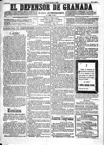 'El Defensor de Granada  : diario político independiente' - Año XIII Número 4945 1ª ed. - 1892 Julio 18