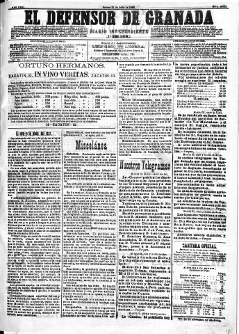 'El Defensor de Granada  : diario político independiente' - Año XIII Número 4951 2ª ed. - 1892 Julio 21
