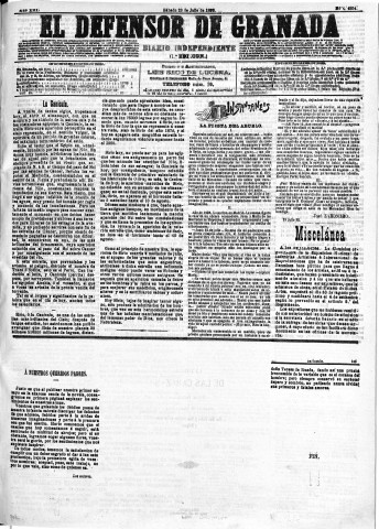 'El Defensor de Granada  : diario político independiente' - Año XIII Número 4954 1ª ed. - 1892 Julio 23