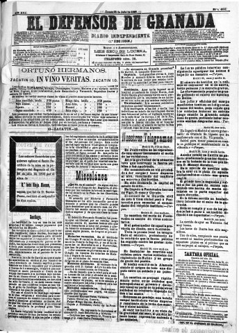 'El Defensor de Granada  : diario político independiente' - Año XIII Número 4956 1ª ed. - 1892 Julio 25
