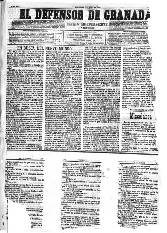 'El Defensor de Granada  : diario político independiente' - Año XIII Número 4972 1ª ed. - 1892 Agosto 03