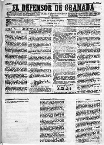 'El Defensor de Granada  : diario político independiente' - Año XIII Número 4982 1ª ed. - 1892 Agosto 09