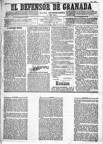 'El Defensor de Granada  : diario político independiente' - Año XIII Número 4986 1ª ed. - 1892 Agosto 11