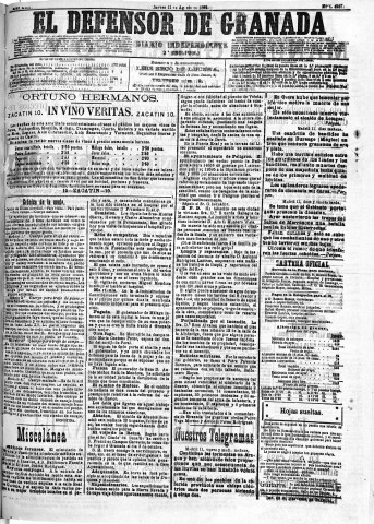 'El Defensor de Granada  : diario político independiente' - Año XIII Número 4987 2ª ed. - 1892 Agosto 11