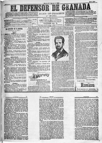 'El Defensor de Granada  : diario político independiente' - Año XIII Número 4994 1ª ed. - 1892 Agosto 16