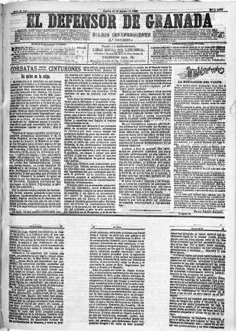 'El Defensor de Granada  : diario político independiente' - Año XIII Número 4998 1ª ed. - 1892 Agosto 18