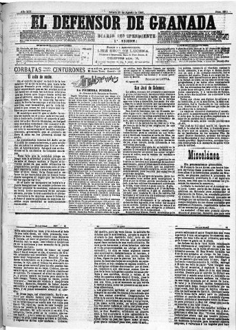 'El Defensor de Granada  : diario político independiente' - Año XIII Número 5011 1ª ed. - 1892 Agosto 27