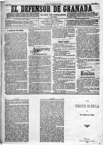 'El Defensor de Granada  : diario político independiente' - Año XIII Número 5023 1ª ed. - 1892 Septiembre 03