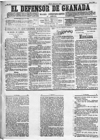 'El Defensor de Granada  : diario político independiente' - Año XIII Número 5034 1ª ed. - 1892 Septiembre 10