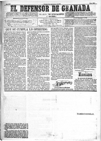 'El Defensor de Granada  : diario político independiente' - Año XIII Número 5041 1ª ed. - 1892 Septiembre 15