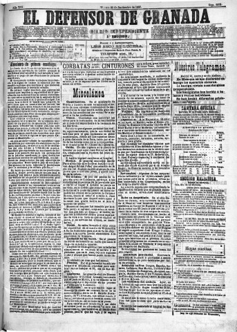 'El Defensor de Granada  : diario político independiente' - Año XIII Número 5055 2ª ed. - 1892 Septiembre 23
