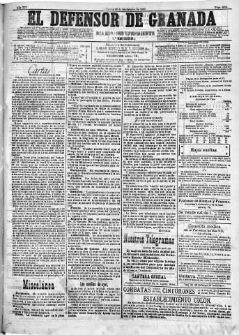 'El Defensor de Granada  : diario político independiente' - Año XIII Número 5059 1ª ed. - 1892 Septiembre 26