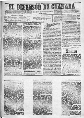 'El Defensor de Granada  : diario político independiente' - Año XIII Número 5060 1ª ed. - 1892 Septiembre 27