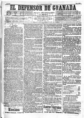 'El Defensor de Granada  : diario político independiente' - Año XIII Número 5066 1ª ed. - 1892 Septiembre 30