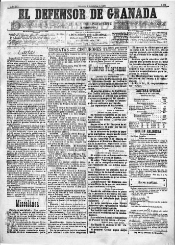 'El Defensor de Granada  : diario político independiente' - Año XIII Número 5072 2ª ed. - 1892 Octubre 05