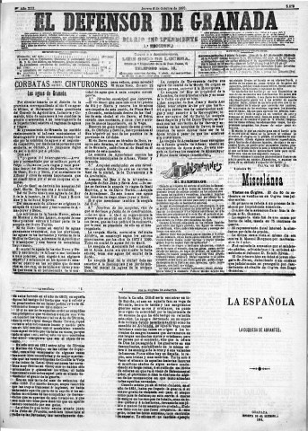 'El Defensor de Granada  : diario político independiente' - Año XIII Número 5073 1ª ed. - 1892 Octubre 06