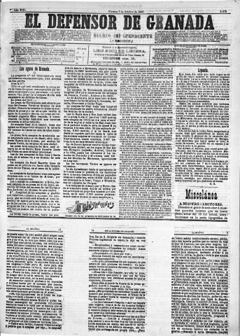 'El Defensor de Granada  : diario político independiente' - Año XIII Número 5075 1ª ed. - 1892 Octubre 07