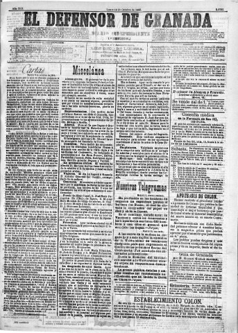 'El Defensor de Granada  : diario político independiente' - Año XIII Número 5081 1ª ed. - 1892 Octubre 10