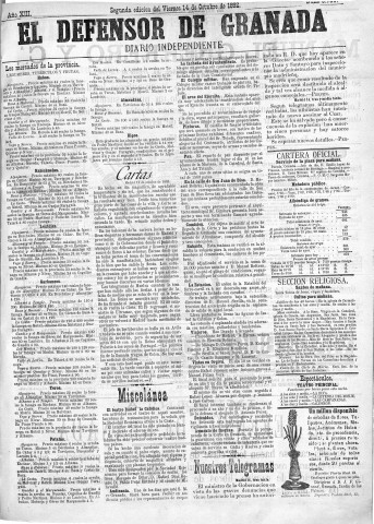 'El Defensor de Granada  : diario político independiente' - Año XIII Número 5087 2ª ed. - 1892 Octubre 14
