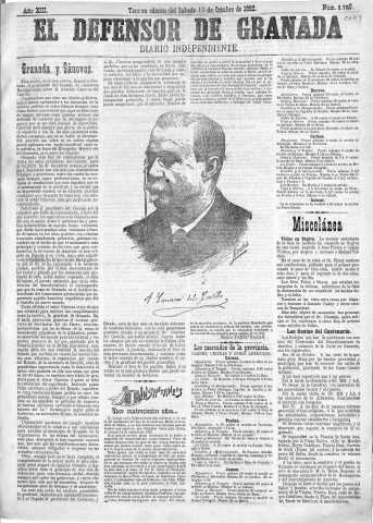 'El Defensor de Granada  : diario político independiente' - Año XIII Número 5790 3ª ed. - 1892 Octubre 15