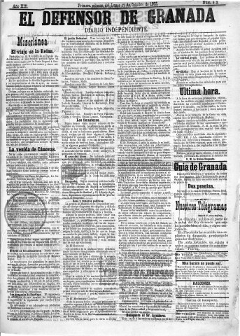 'El Defensor de Granada  : diario político independiente' - Año XIII Número 5792 1ª ed. - 1892 Octubre 17